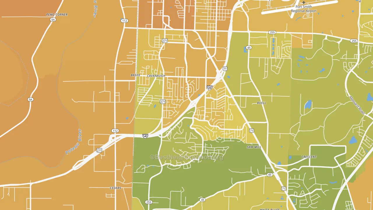 Map of the best neighborhoods in the 72908 area, with better matches in green and worse matches in red