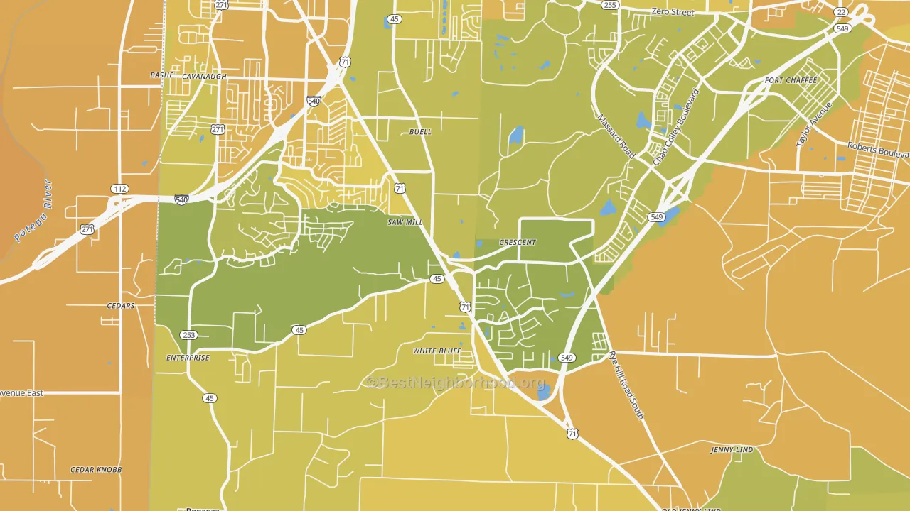 Map of the best neighborhoods in the 72916 area, with better matches in green and worse matches in red
