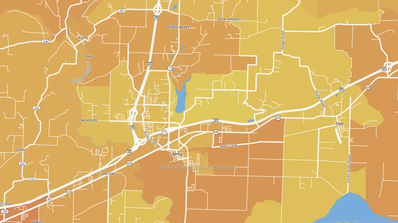 Map of the best neighborhoods in the 72921 area, with better matches in green and worse matches in red