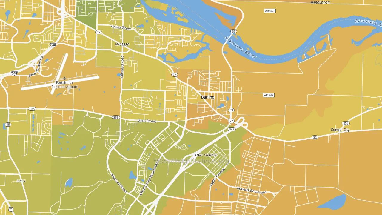 Map of the best neighborhoods in the 72923 area, with better matches in green and worse matches in red