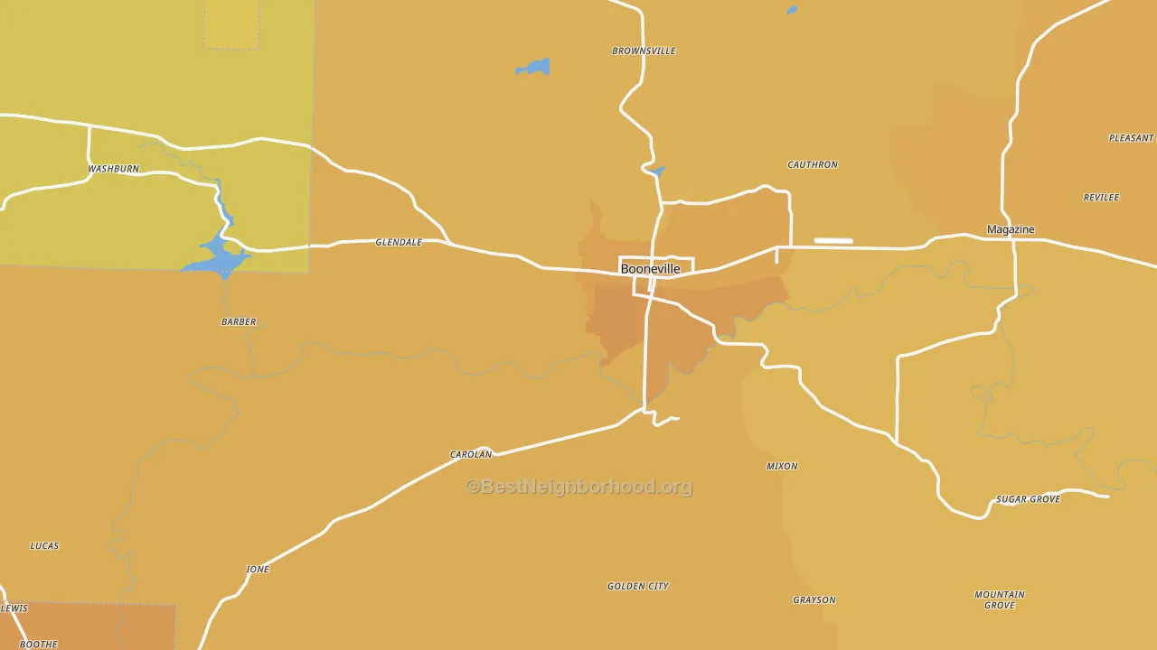 Map of the best neighborhoods in the 72927 area, with better matches in green and worse matches in red
