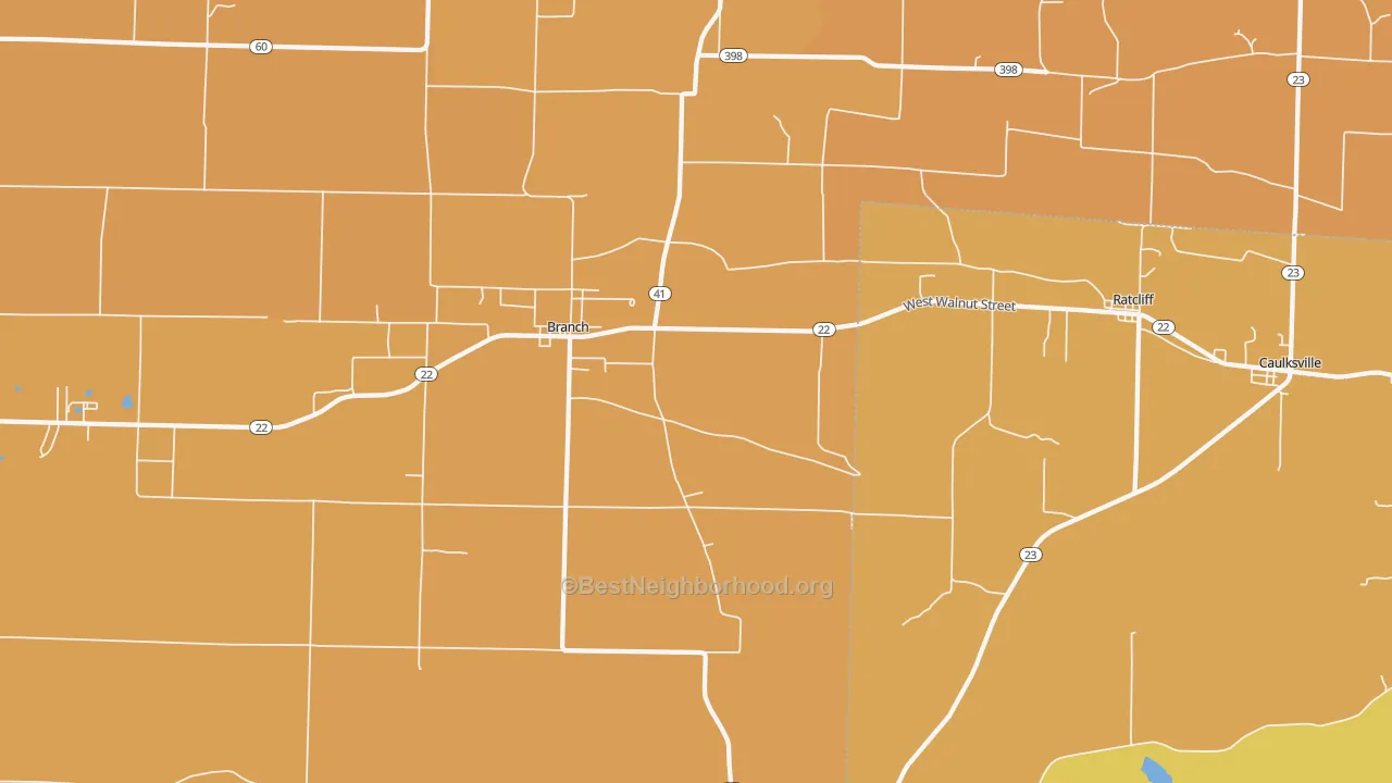 Map of the best neighborhoods in the 72928 area, with better matches in green and worse matches in red