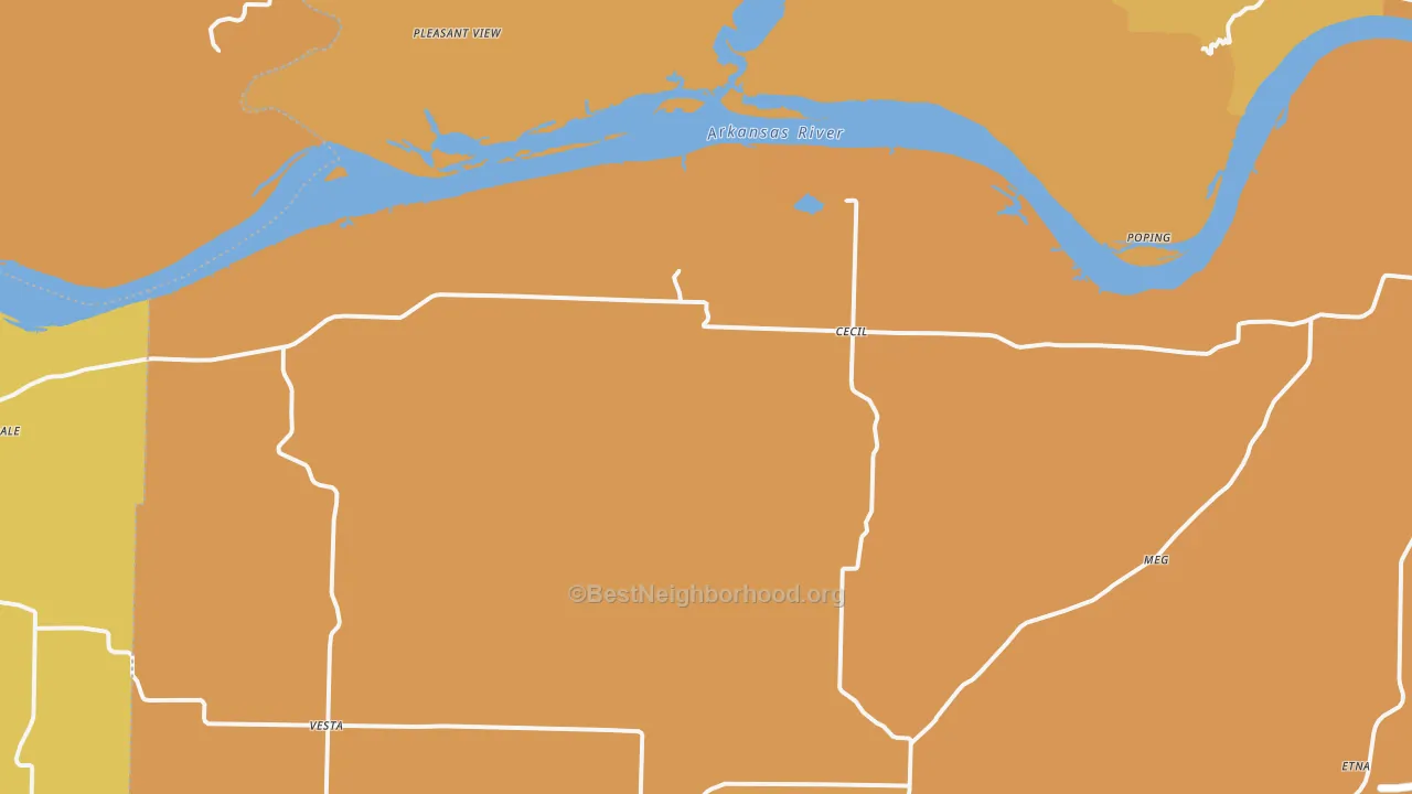 Map of the best neighborhoods in the 72930 area, with better matches in green and worse matches in red