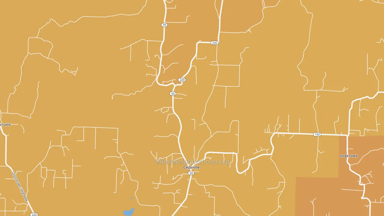Map of the best neighborhoods in the 72932 area, with better matches in green and worse matches in red