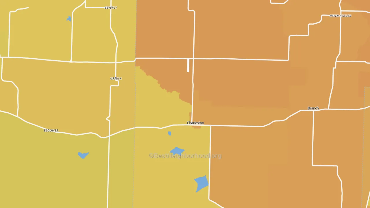 Map of the best neighborhoods in the 72933 area, with better matches in green and worse matches in red