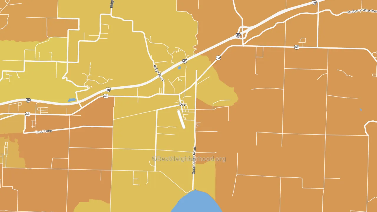 Map of the best neighborhoods in the 72935 area, with better matches in green and worse matches in red