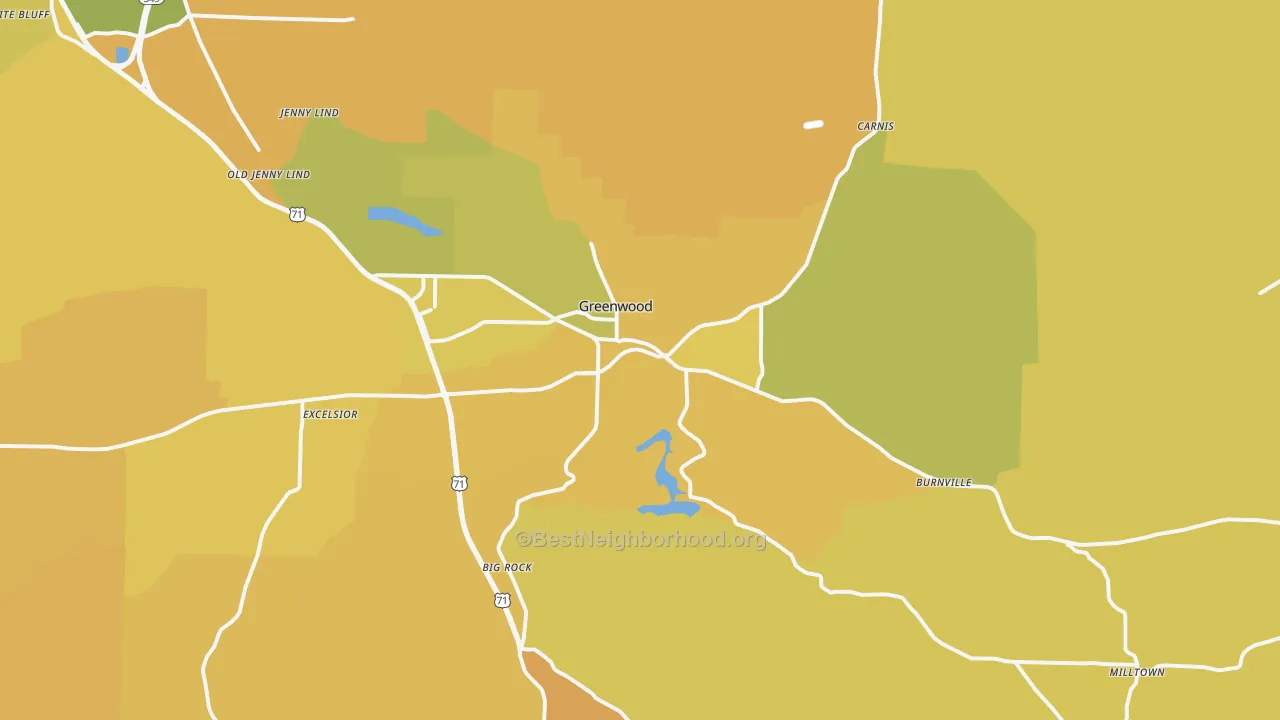 Map of the best neighborhoods in the 72936 area, with better matches in green and worse matches in red