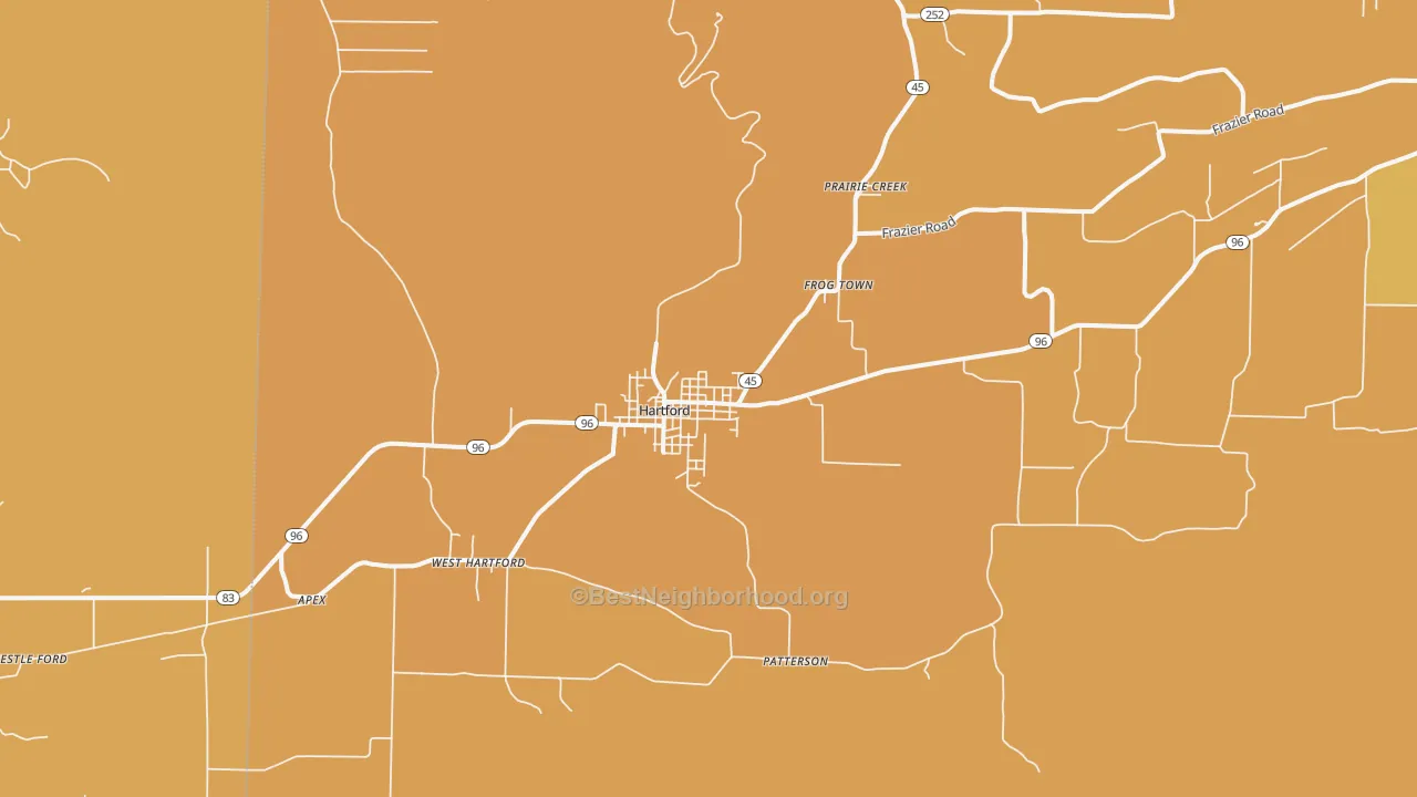 Map of the best neighborhoods in the 72938 area, with better matches in green and worse matches in red