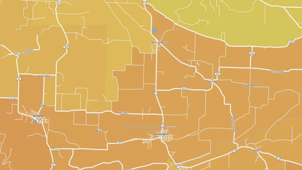 Map of the best neighborhoods in the 72940 area, with better matches in green and worse matches in red