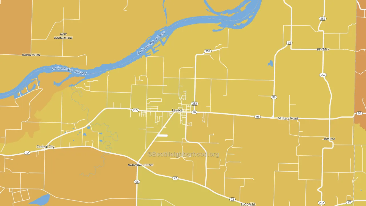 Map of the best neighborhoods in the 72941 area, with better matches in green and worse matches in red