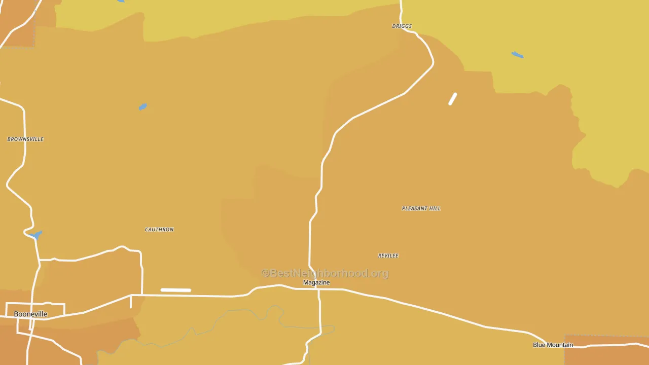 Map of the best neighborhoods in the 72943 area, with better matches in green and worse matches in red