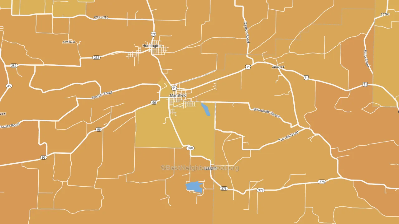 Map of the best neighborhoods in the 72944 area, with better matches in green and worse matches in red