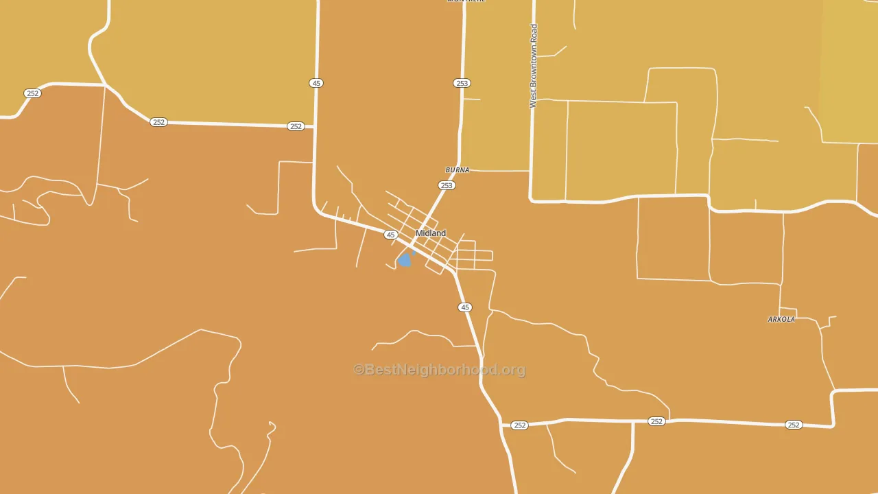 Map of the best neighborhoods in the 72945 area, with better matches in green and worse matches in red