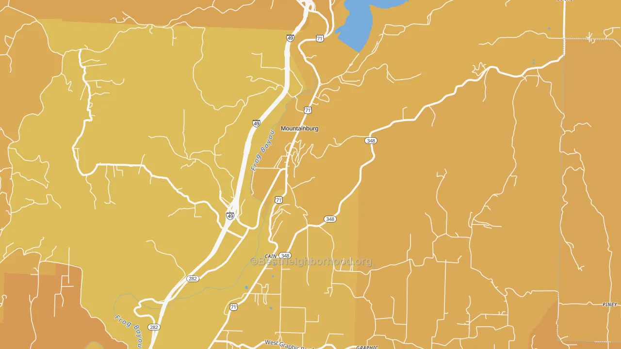 Map of the best neighborhoods in the 72946 area, with better matches in green and worse matches in red