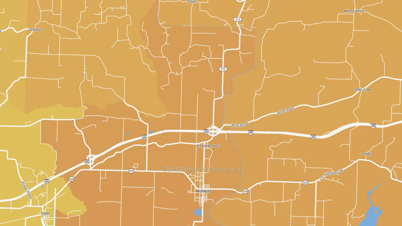 Map of the best neighborhoods in the 72947 area, with better matches in green and worse matches in red