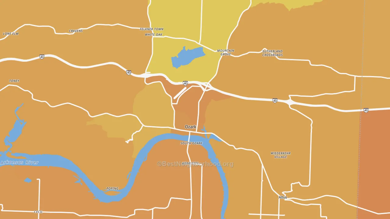 Map of the best neighborhoods in the 72949 area, with better matches in green and worse matches in red