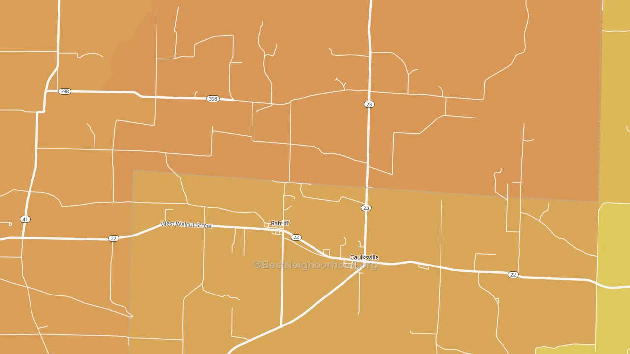 Map of the best neighborhoods in the 72951 area, with better matches in green and worse matches in red