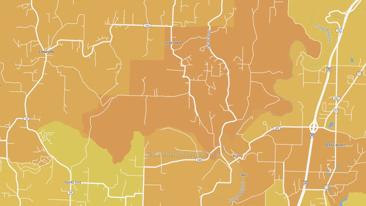 Map of the best neighborhoods in the 72952 area, with better matches in green and worse matches in red