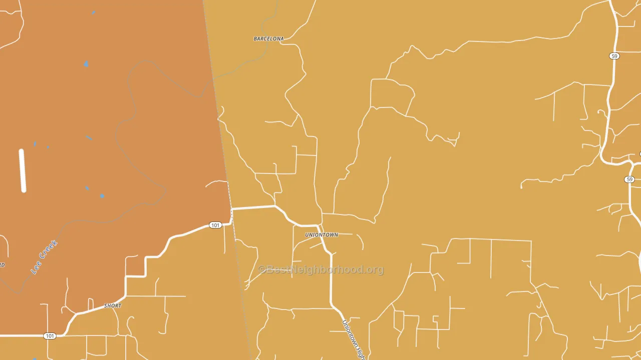 Map of the best neighborhoods in the 72955 area, with better matches in green and worse matches in red