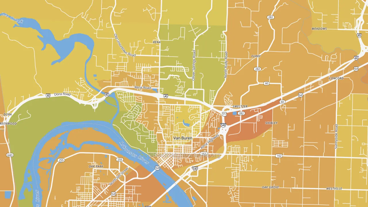 Map of the best neighborhoods in the 72956 area, with better matches in green and worse matches in red