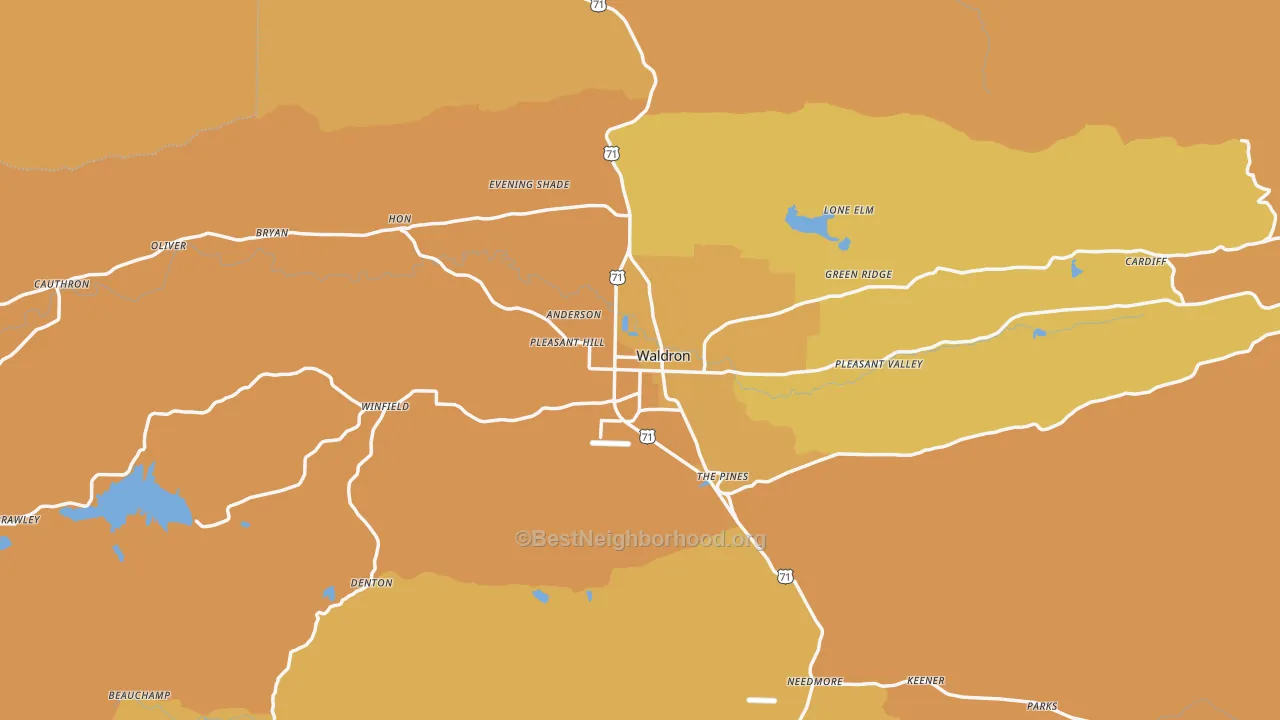 Map of the best neighborhoods in the 72958 area, with better matches in green and worse matches in red