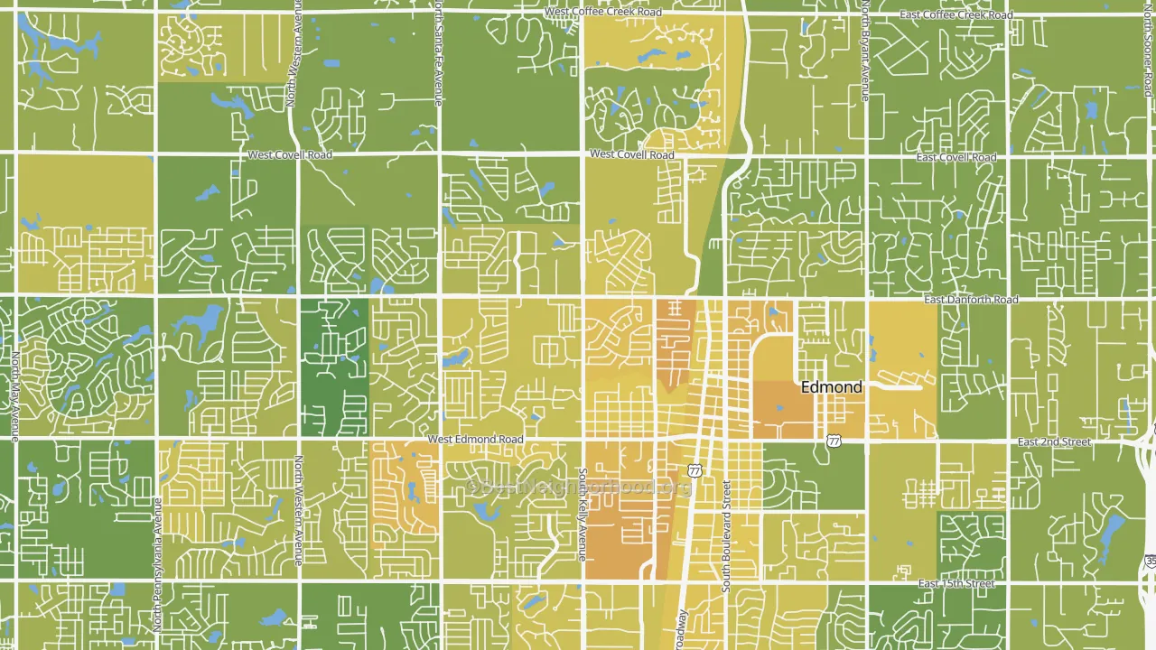 Map of the best neighborhoods in the 73003 area, with better matches in green and worse matches in red