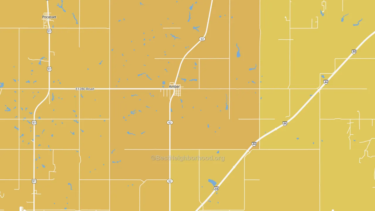 Map of the best neighborhoods in the 73004 area, with better matches in green and worse matches in red