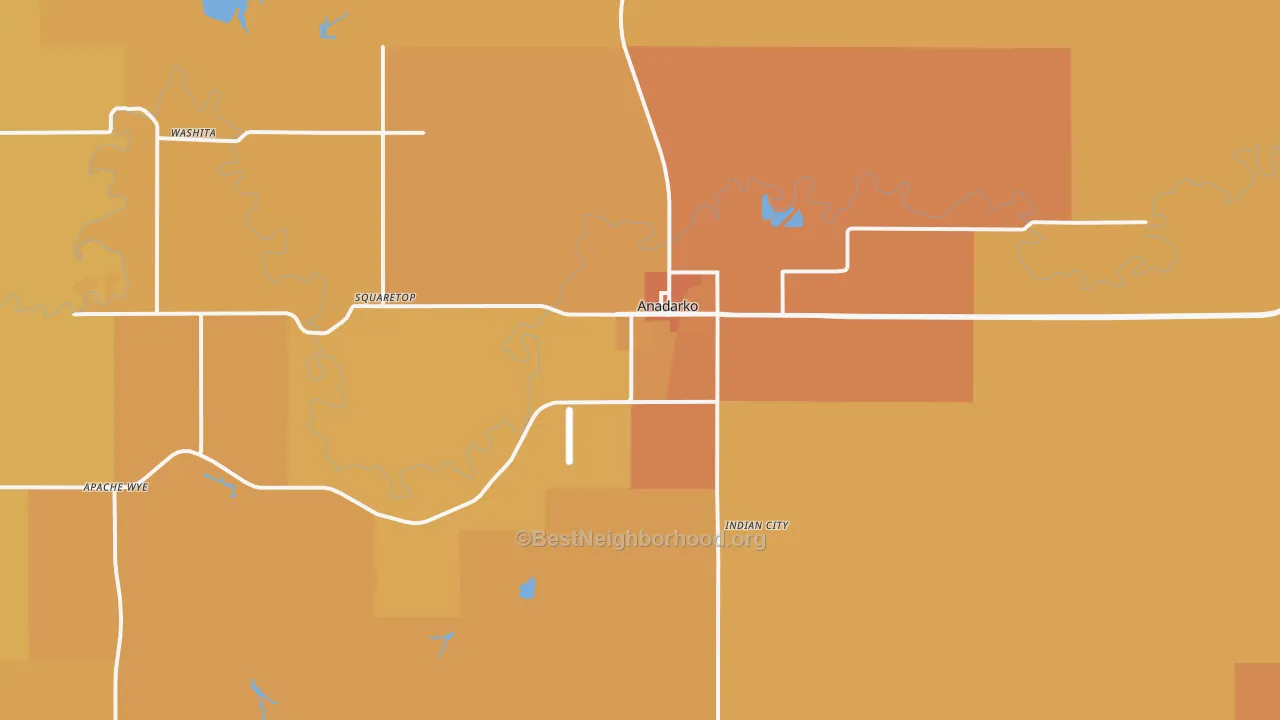 Map of the best neighborhoods in the 73005 area, with better matches in green and worse matches in red