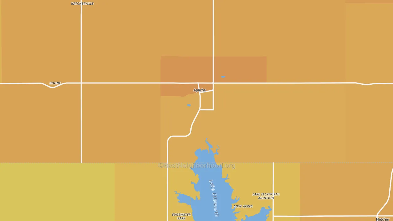 Map of the best neighborhoods in the 73006 area, with better matches in green and worse matches in red