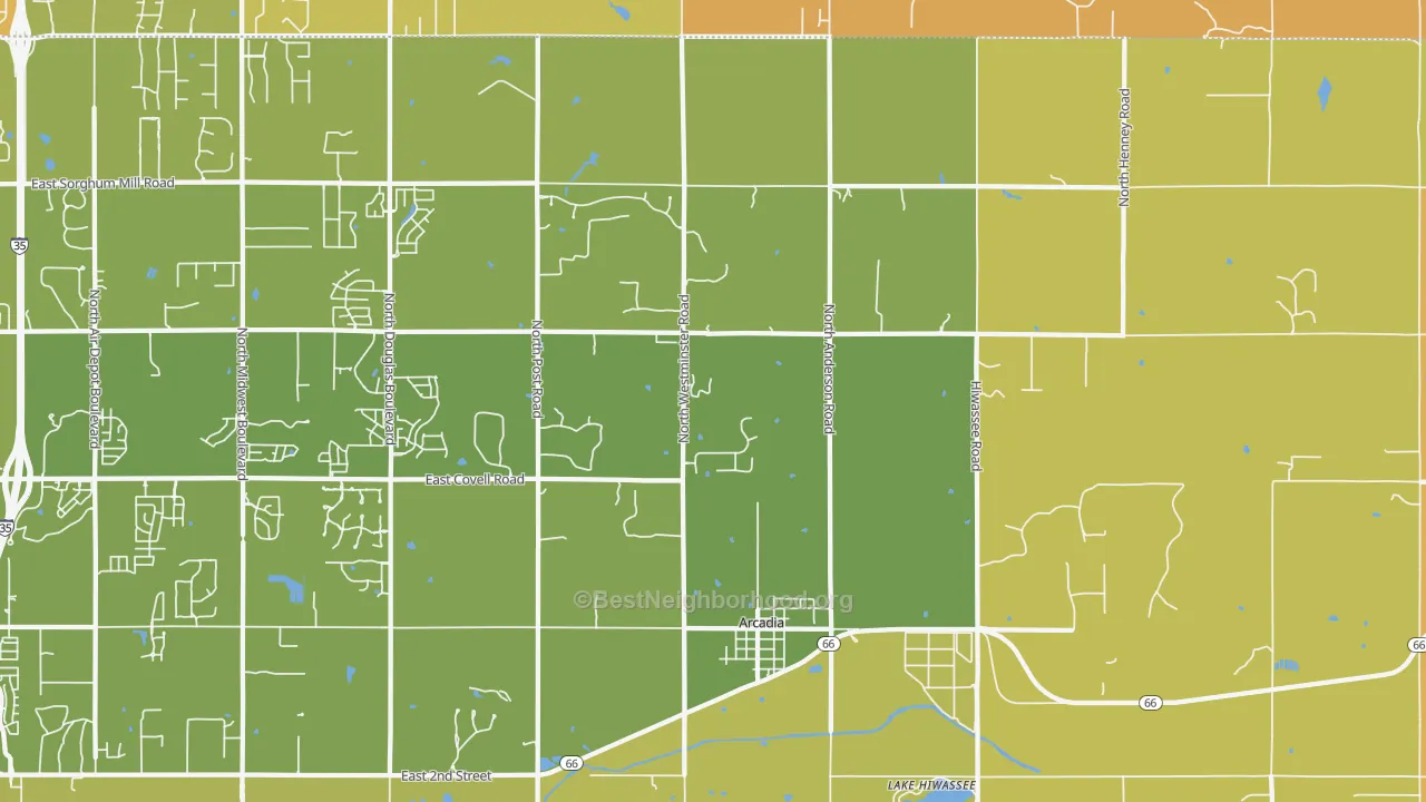Map of the best neighborhoods in the 73007 area, with better matches in green and worse matches in red