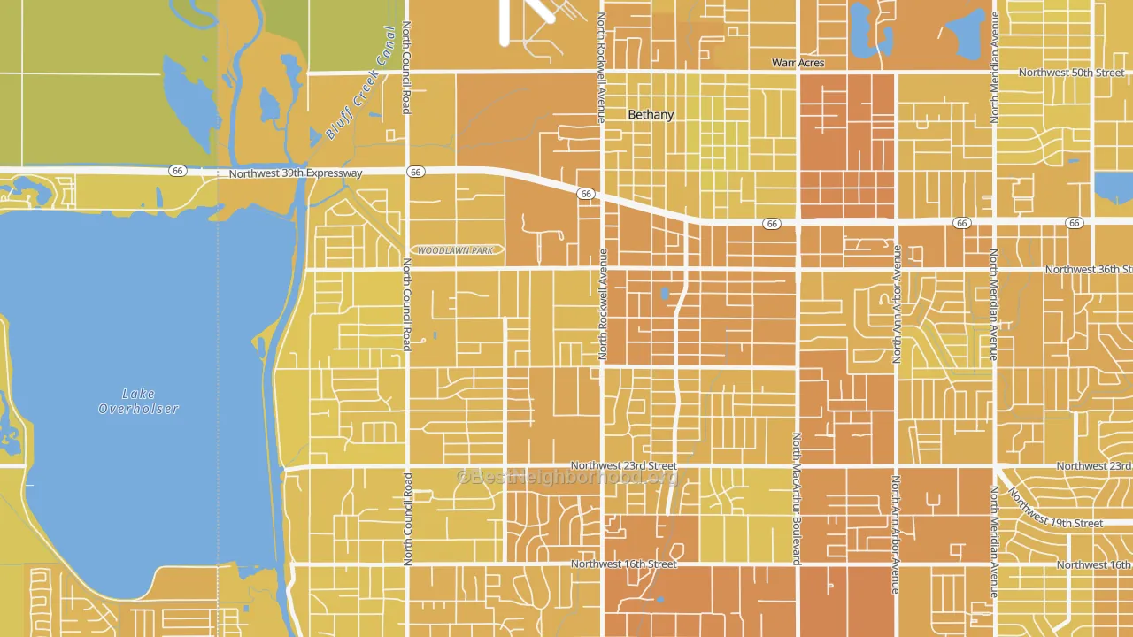 Map of the best neighborhoods in the 73008 area, with better matches in green and worse matches in red