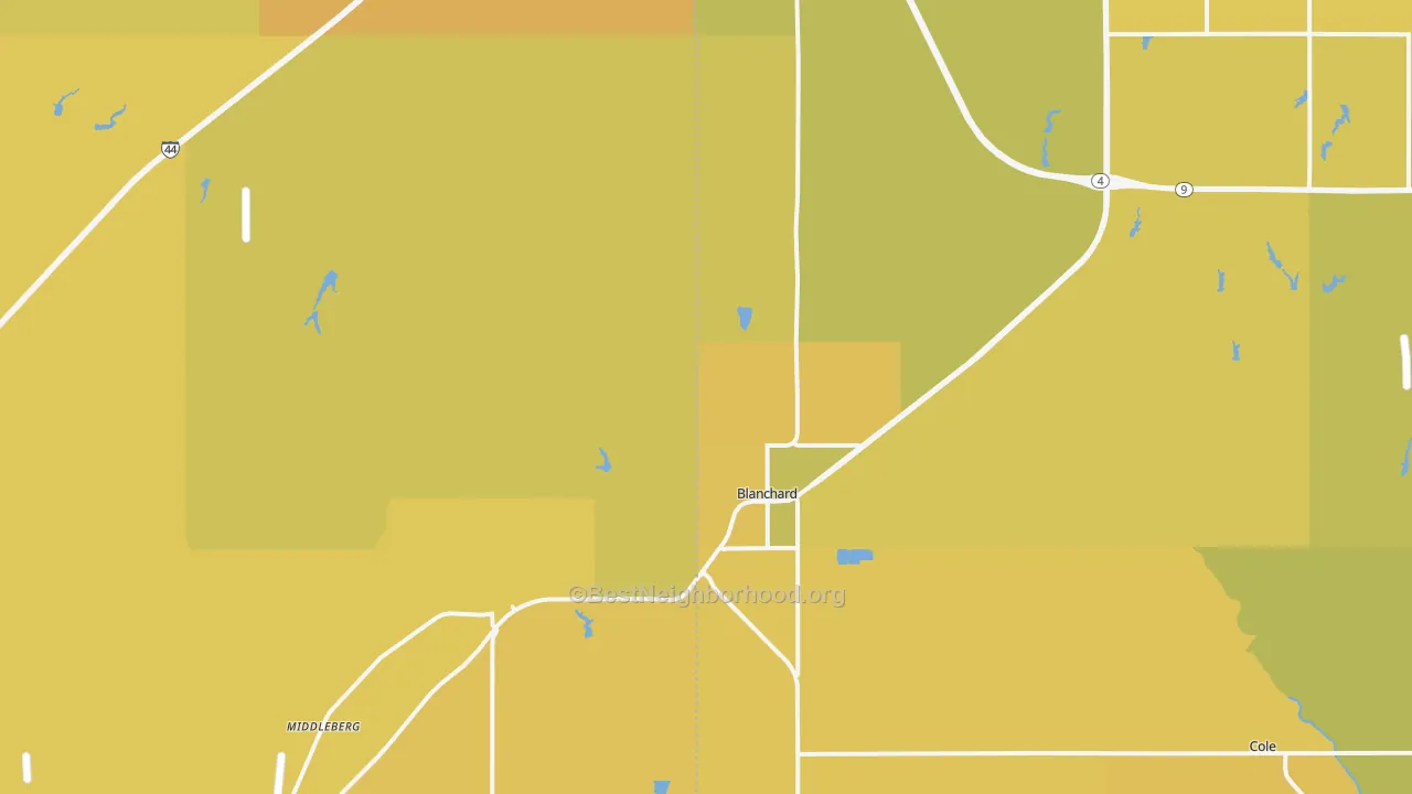 Map of the best neighborhoods in the 73010 area, with better matches in green and worse matches in red