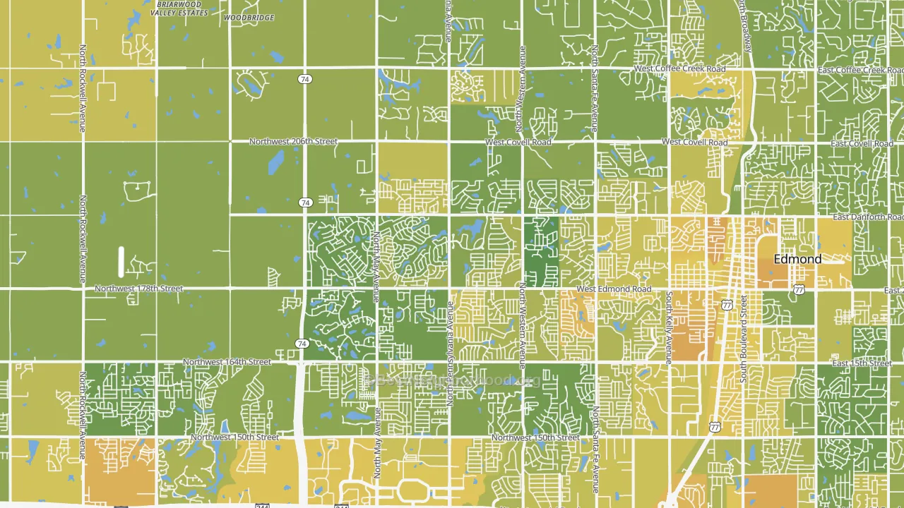 Map of the best neighborhoods in the 73012 area, with better matches in green and worse matches in red