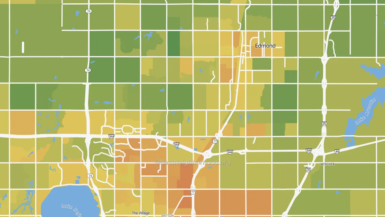 Map of the best neighborhoods in the 73013 area, with better matches in green and worse matches in red