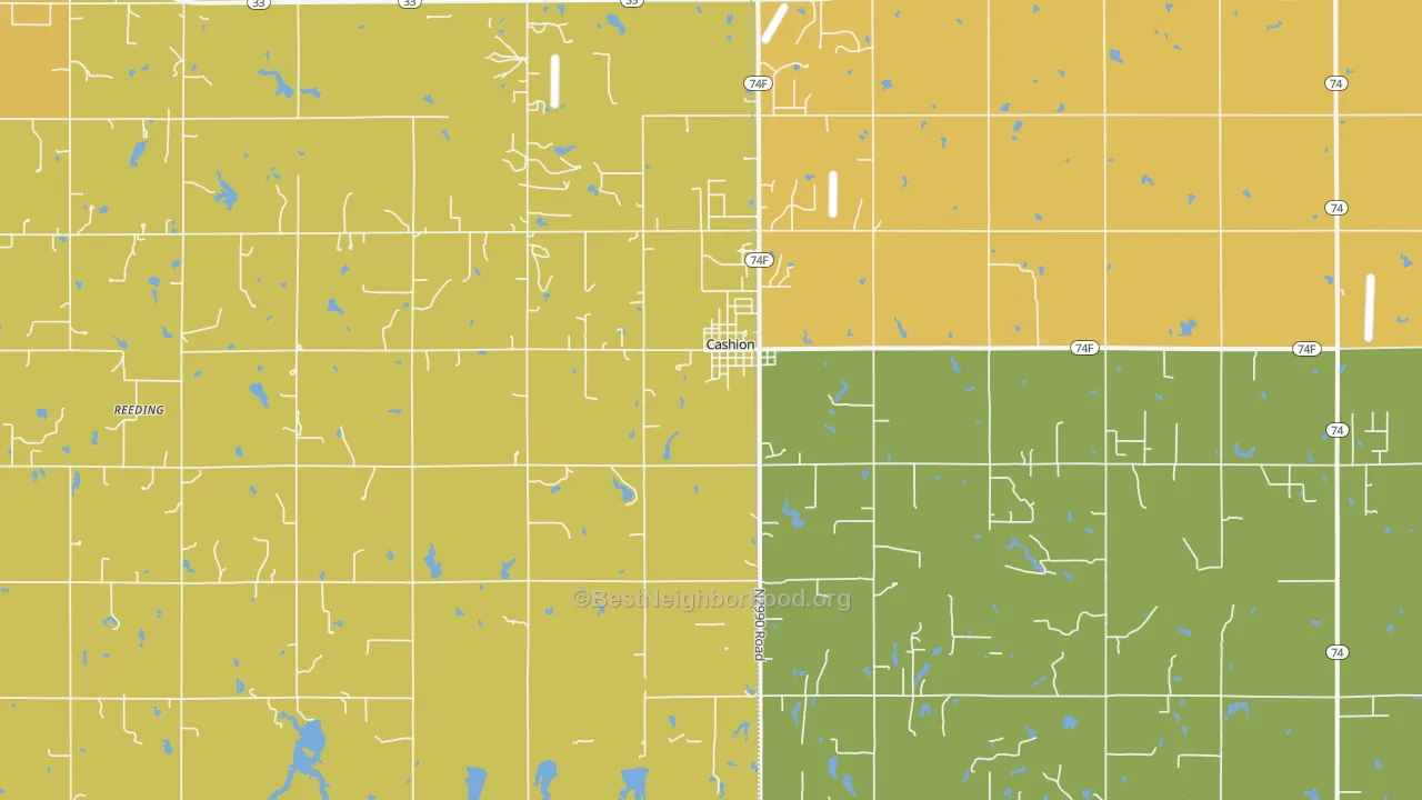 Map of the best neighborhoods in the 73016 area, with better matches in green and worse matches in red