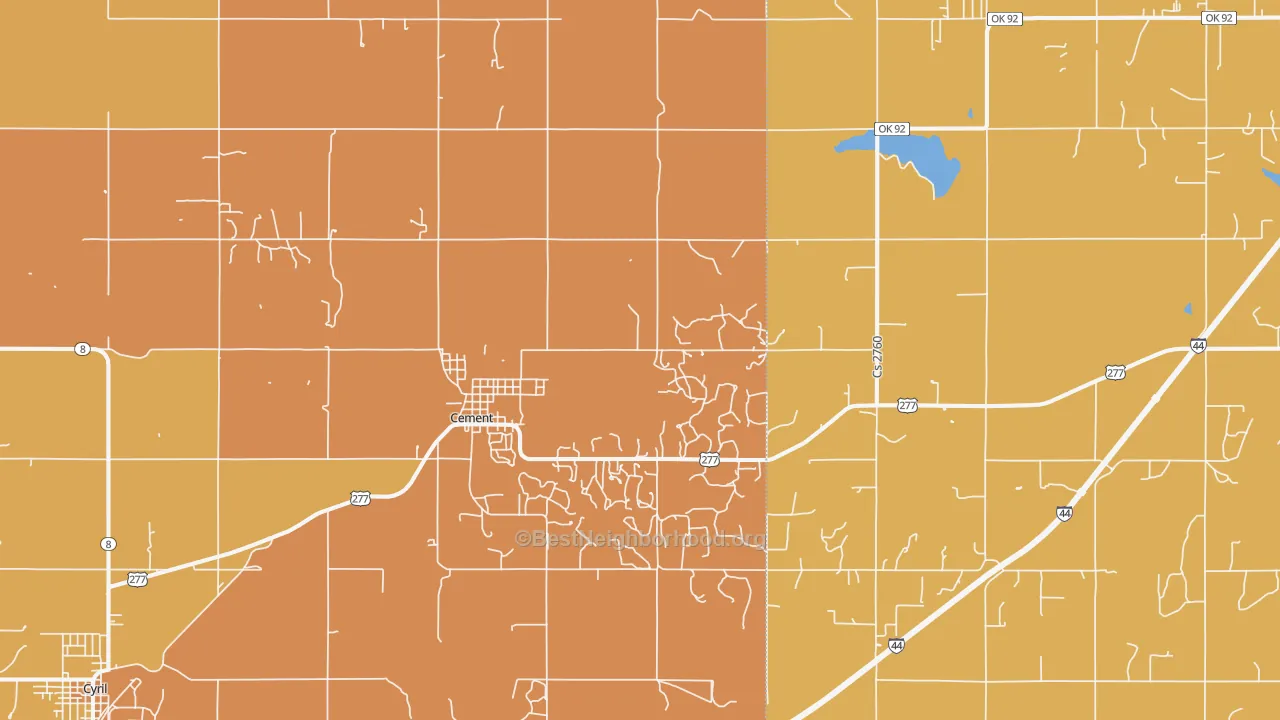 Map of the best neighborhoods in the 73017 area, with better matches in green and worse matches in red