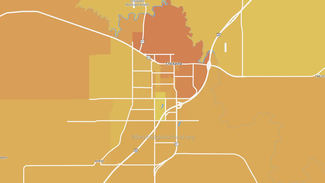 Map of the best neighborhoods in the 73018 area, with better matches in green and worse matches in red