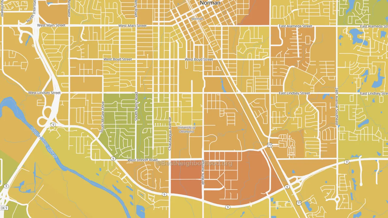 Map of the best neighborhoods in the 73019 area, with better matches in green and worse matches in red