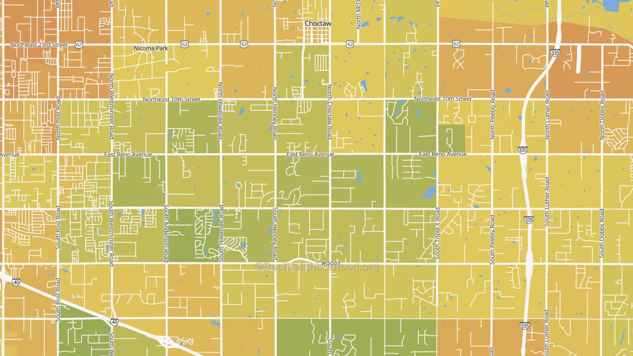 Map of the best neighborhoods in the 73020 area, with better matches in green and worse matches in red