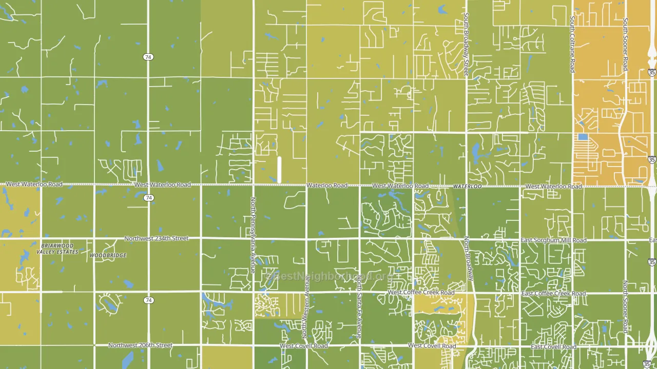 Map of the best neighborhoods in the 73025 area, with better matches in green and worse matches in red