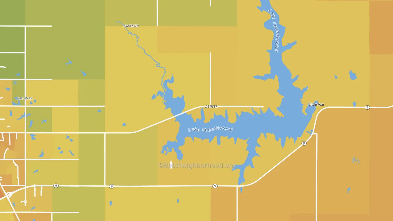 Map of the best neighborhoods in the 73026 area, with better matches in green and worse matches in red