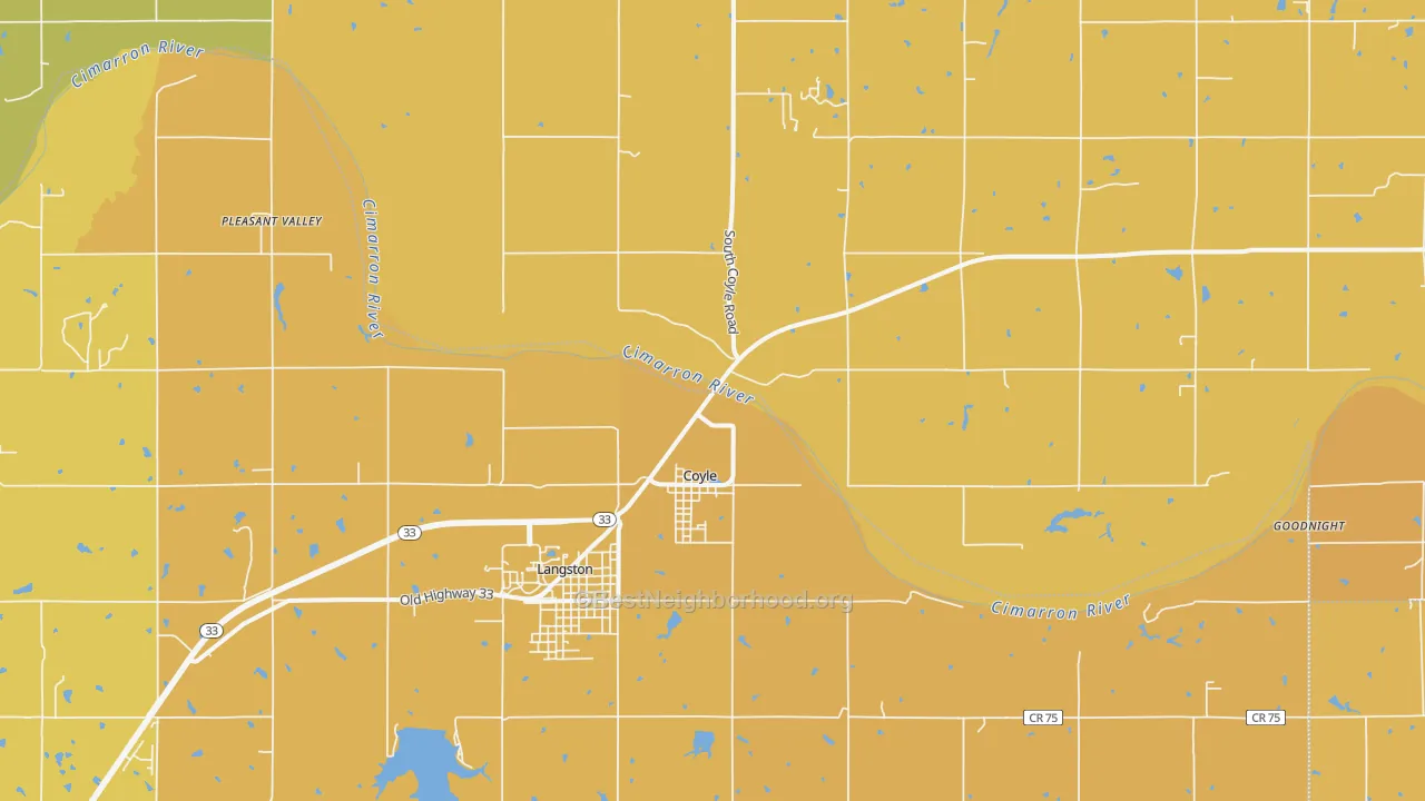 Map of the best neighborhoods in the 73027 area, with better matches in green and worse matches in red