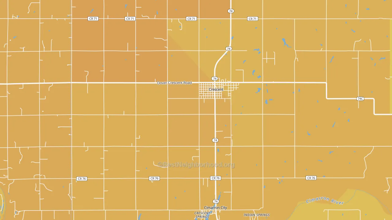 Map of the best neighborhoods in the 73028 area, with better matches in green and worse matches in red