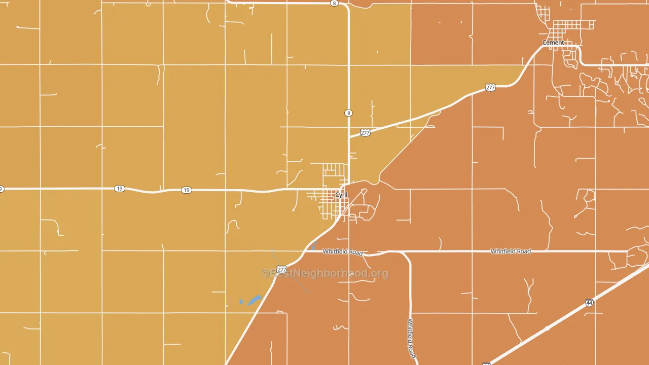 Map of the best neighborhoods in the 73029 area, with better matches in green and worse matches in red