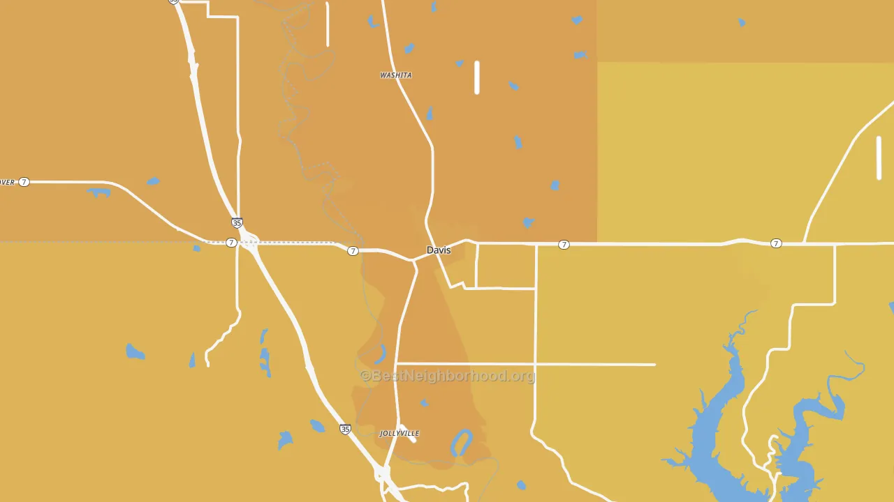 Map of the best neighborhoods in the 73030 area, with better matches in green and worse matches in red
