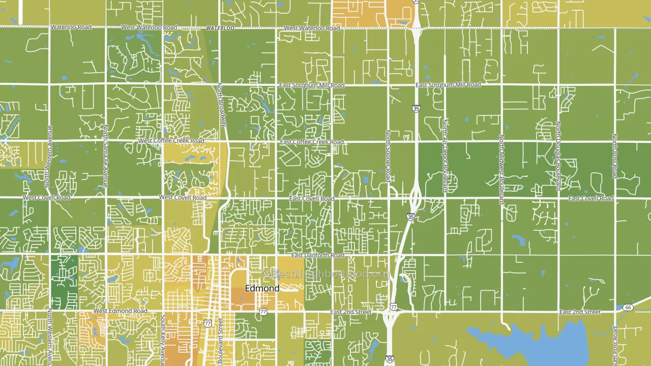 Map of the best neighborhoods in the 73034 area, with better matches in green and worse matches in red