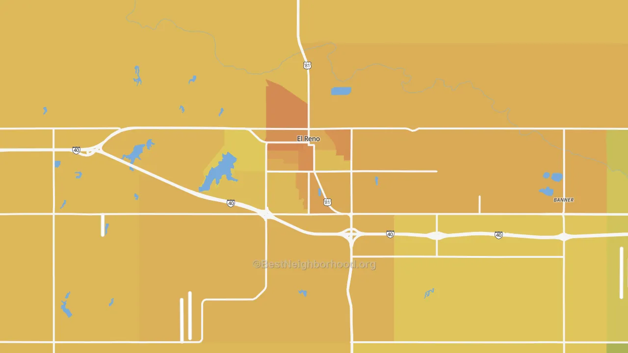 Map of the best neighborhoods in the 73036 area, with better matches in green and worse matches in red