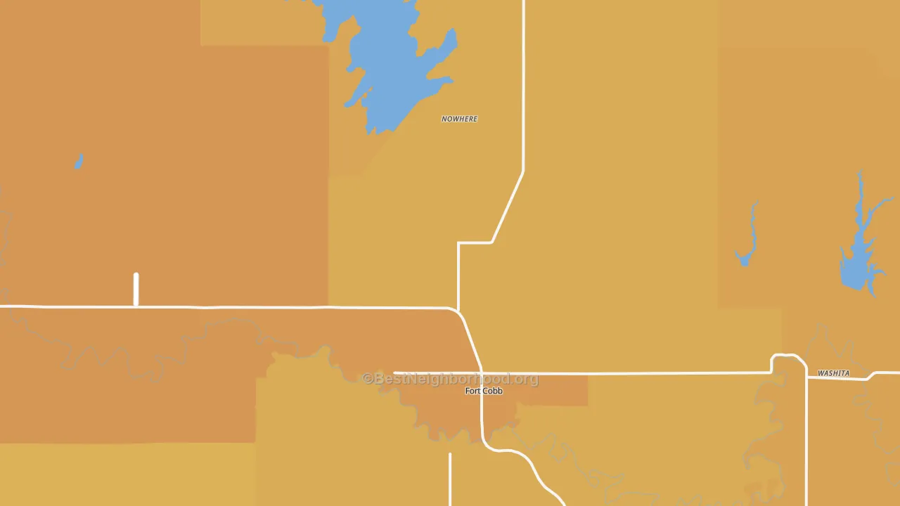 Map of the best neighborhoods in the 73038 area, with better matches in green and worse matches in red