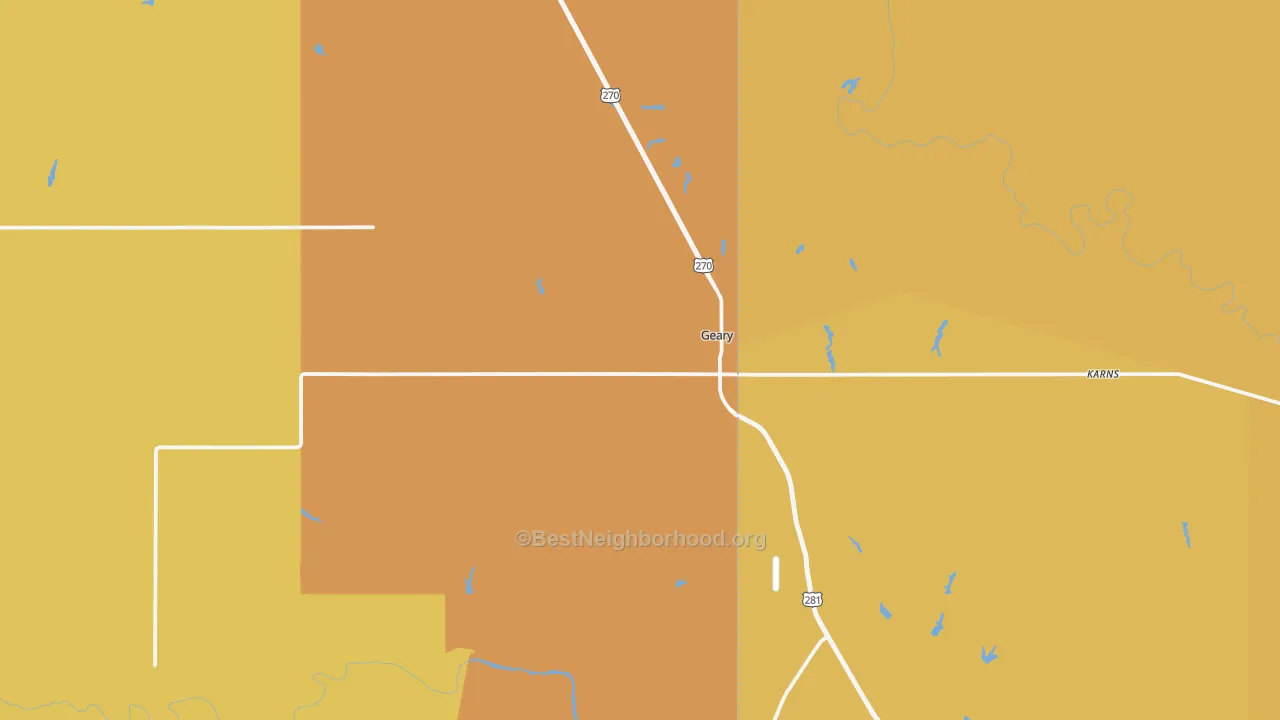 Map of the best neighborhoods in the 73040 area, with better matches in green and worse matches in red