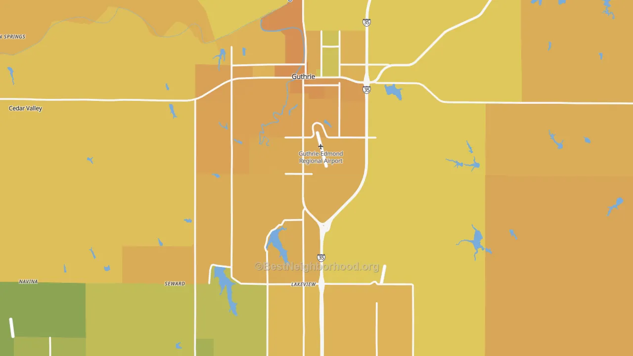 Map of the best neighborhoods in the 73044 area, with better matches in green and worse matches in red